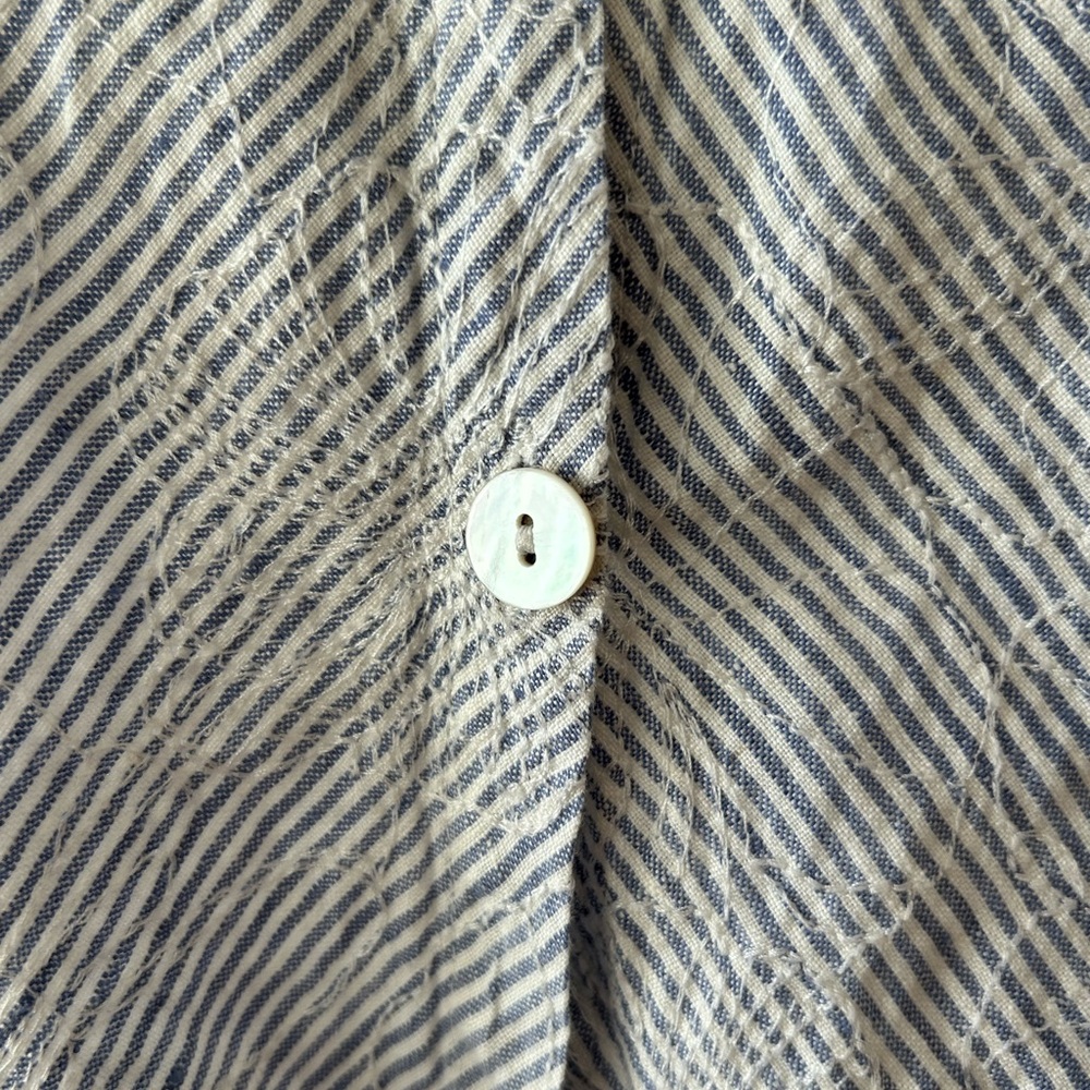 FLAX Blouse Striped Gray Blue Button-Up Linen Top Embroidered Floral Size M - Picture 2 of 9